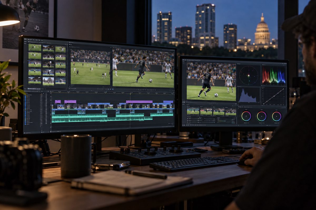 Dual monitor editing desk showing a multi-track soccer video timeline.