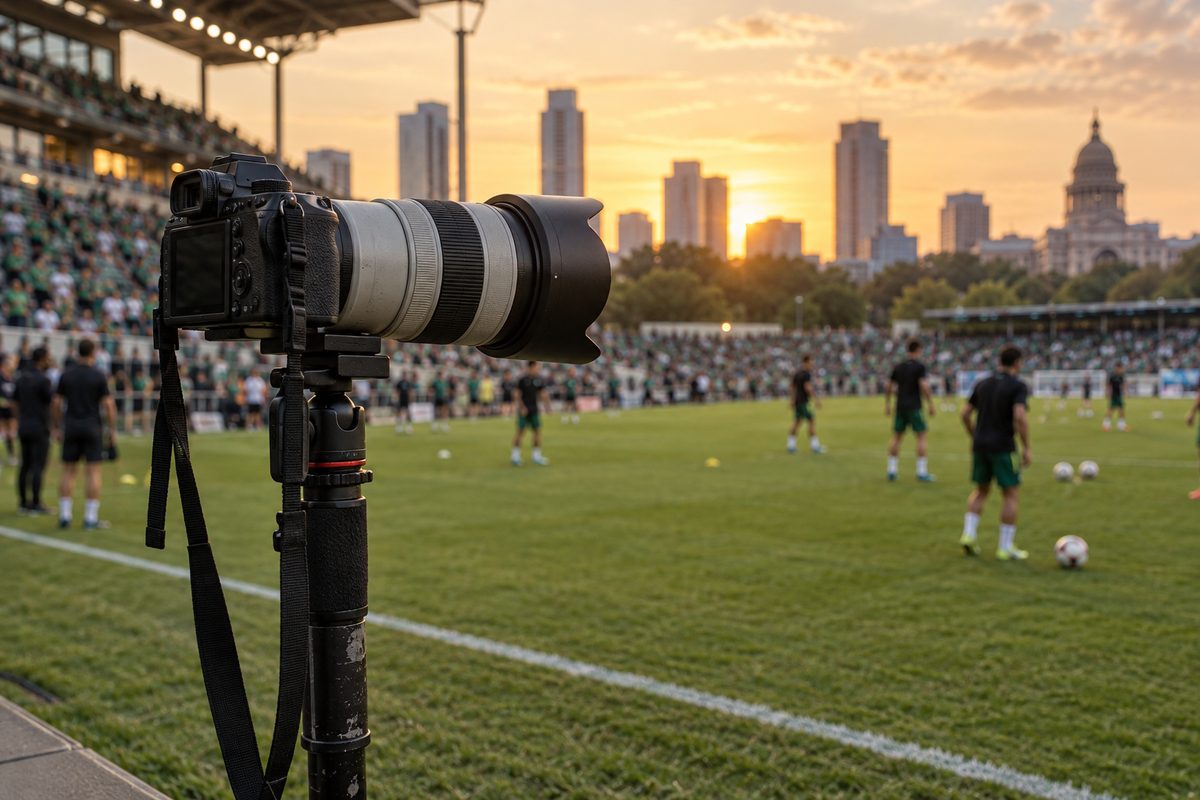 Telephoto sports camera rig mounted on a monopod along a soccer pitch sideline.