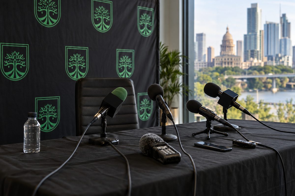Press conference table with microphones and audio recorders ready for post-match remarks.